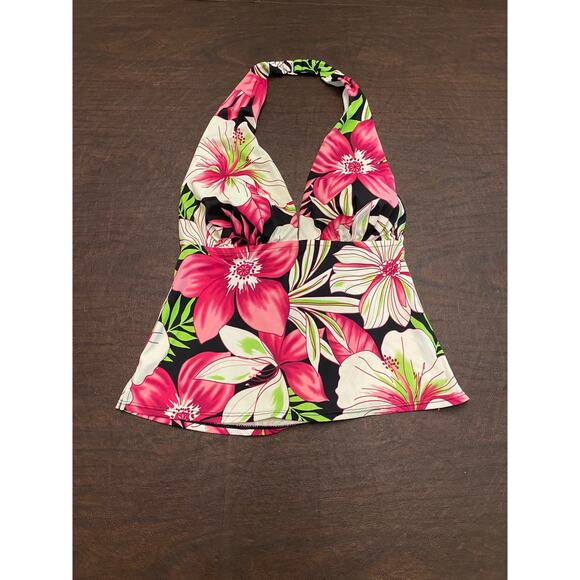 Jantzen Classics Pink Hibiscus Floral Halter Tankini Top Size 10 Resort Beach - Picture 1 of 8